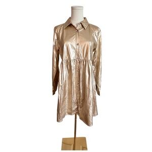 Jodifl Gold Metallic Button Down Babydoll Shirt Dress Long Sleeve Small